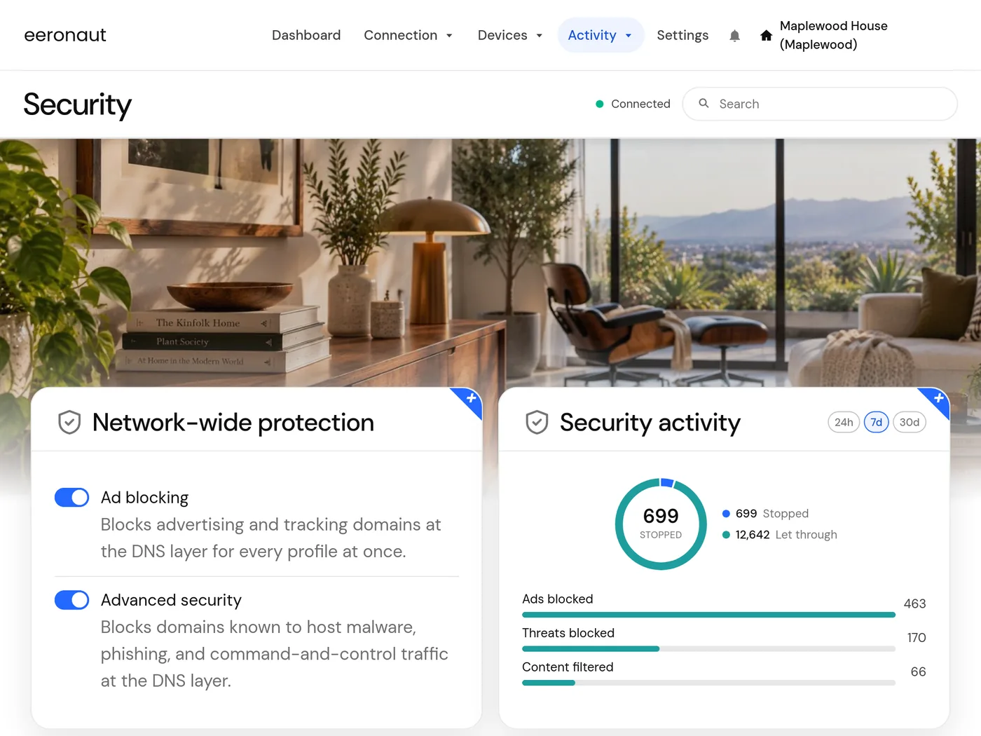The Security page: protection settings, blocking activity, and inbound access rules